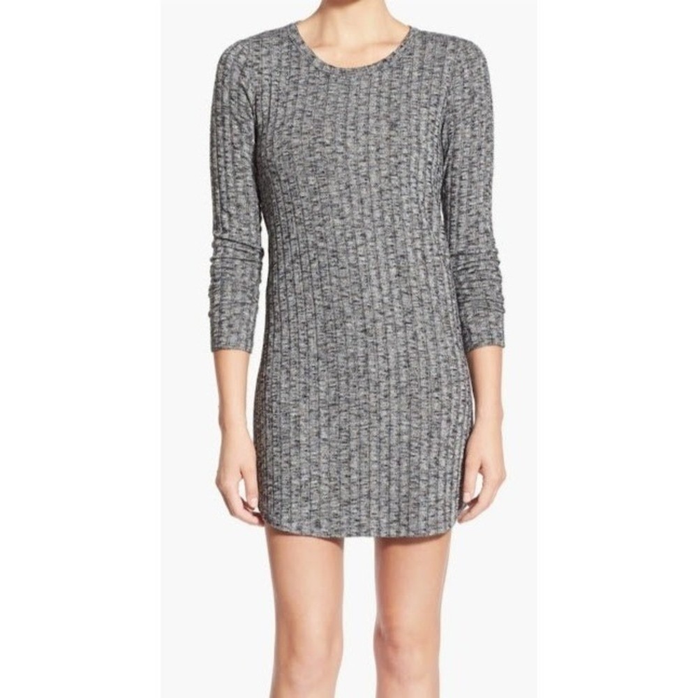Everly Grey Ribbed Knit Long Sleeve Mini T-Shirt Dress with Pockets Small F76 - Picture 2 of 7